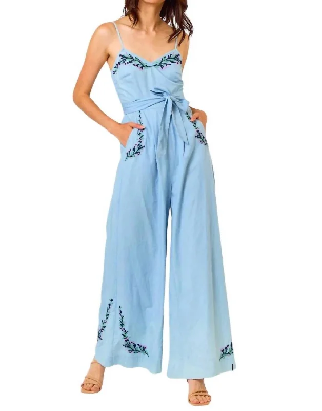 Adele Embroidery Waist Tie Wide Leg Jumpsuit In Chambray