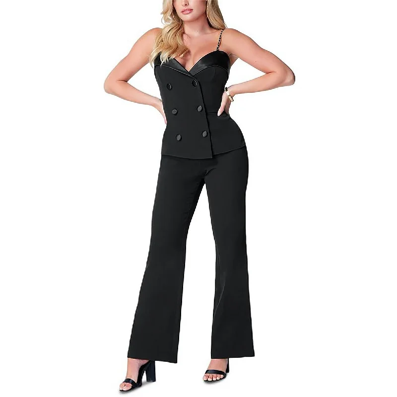 Womens Satin Trim Double-Breasted Jumpsuit