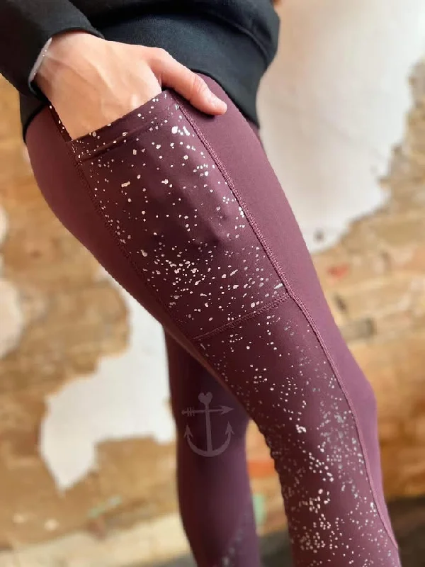 M ONLY Anchored Arrows Leggings in Burgundy + Silver Metallic Fleck w/pockets