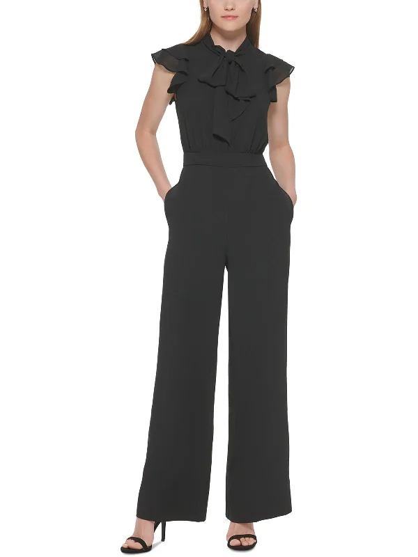 Womens Tie Neck Flutter Sleeve Jumpsuit