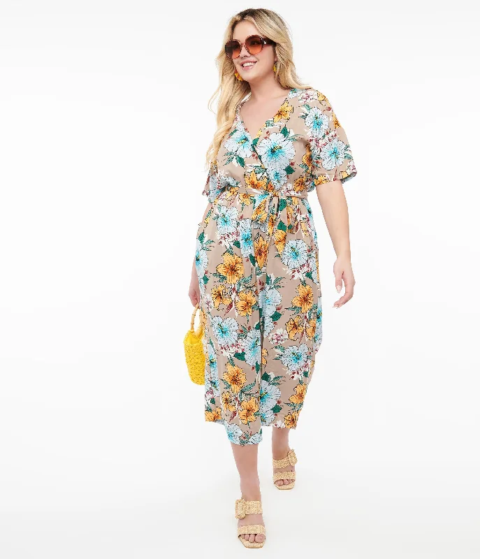 Hell Bunny 1970s Tan & Tropical Floral Print Jumpsuit