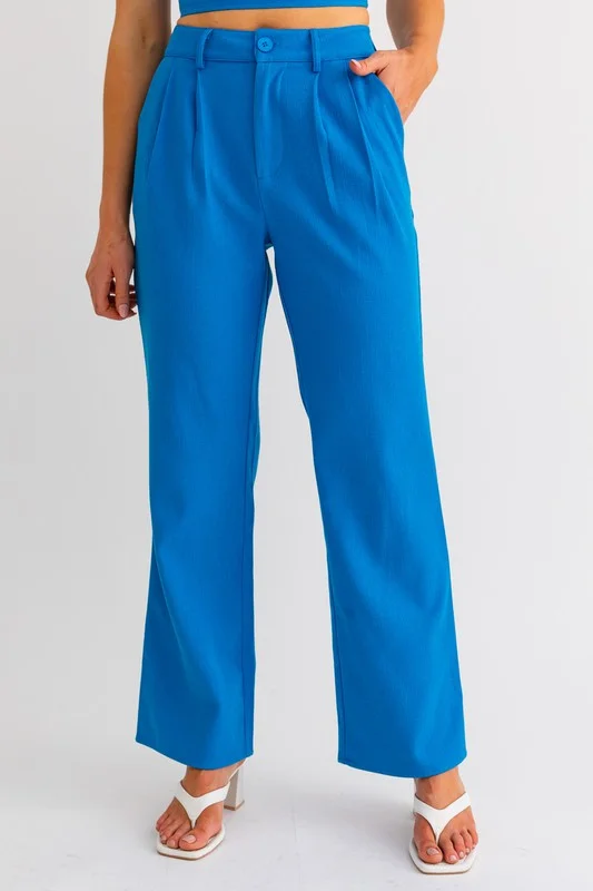 Sapphire Splash High Waisted Wide Leg Pleated Pants - Final Sale