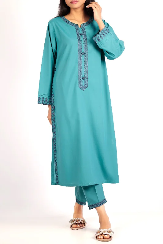 Solid Embroidered Polyester Stitched 2 Piece (Shirt/Trouser)