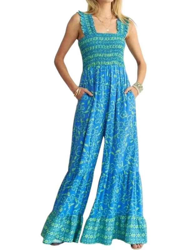 Plus Retro Floral Straps Ruffle Pants Jumpsuit In Blue