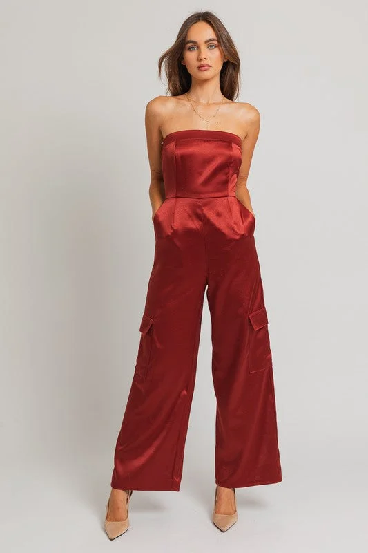 Walk This Way Strapless Satin Pocketed Jumpsuit - Final Sale