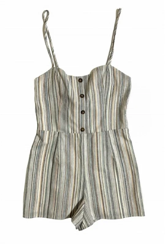 Women's Striped Elastic Back Tie Kinen Cotton Romper In Multicolor