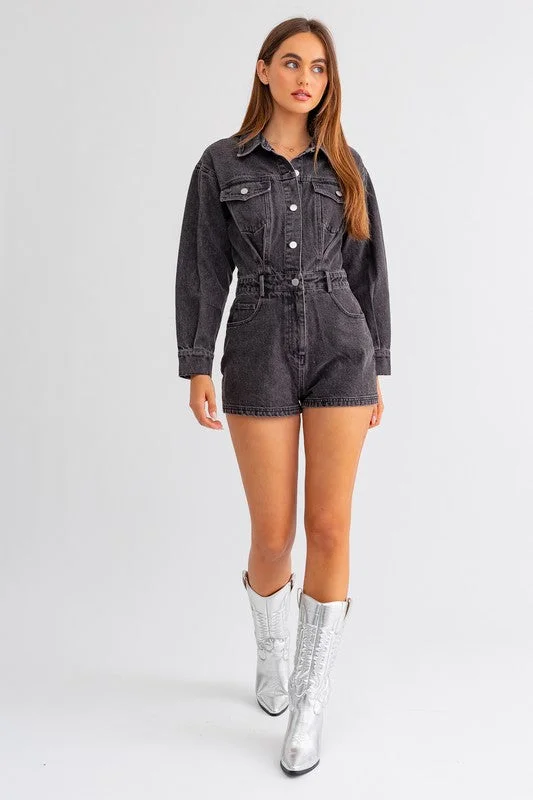 Always Cool Long Sleeve Denim Pocketed Romper - Final Sale