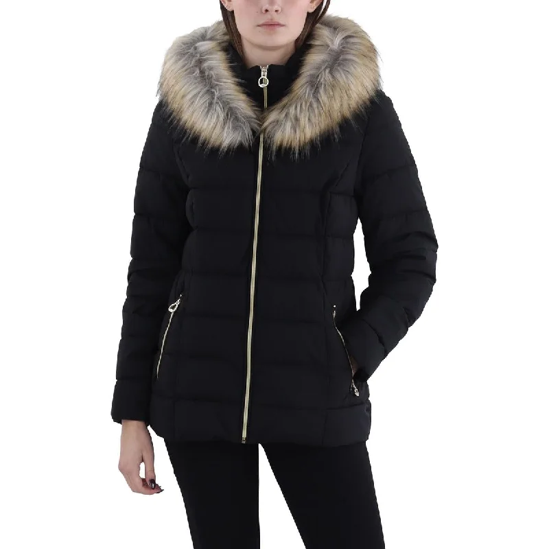 Womens Faux Fur Trim Hooded Puffer Jacket