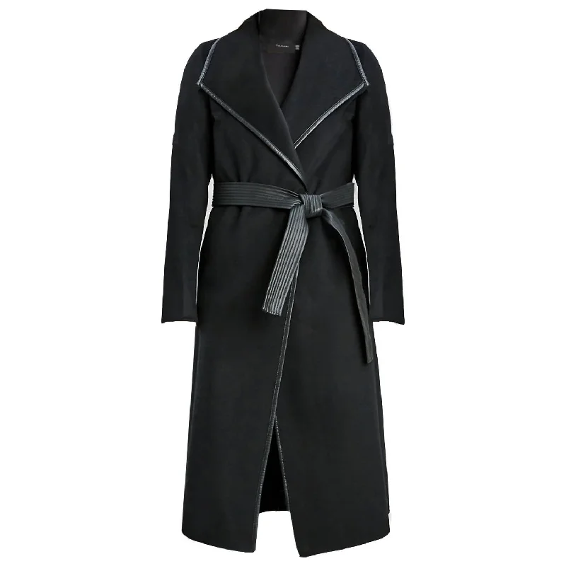 Juliette Double Face Faux Leather Trim Belted  Wool Coat Black