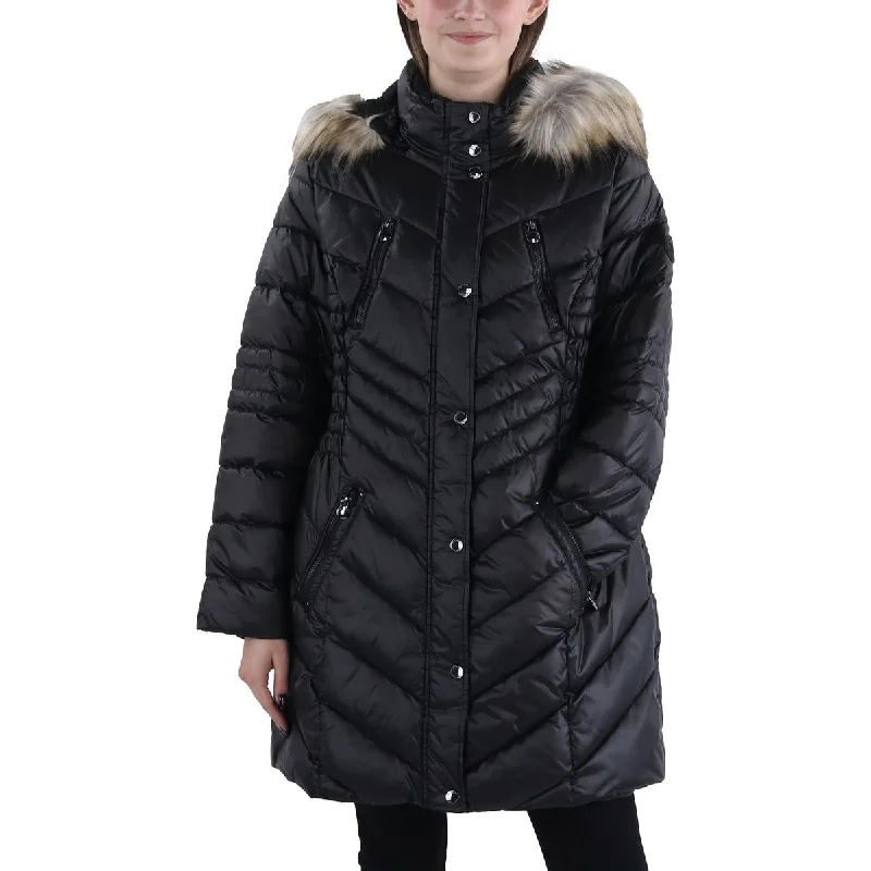 Plus Womens Faux Fur Trim Hooded Puffer Jacket