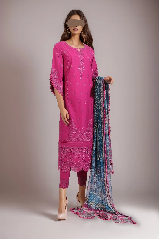 Unstitched Embroidered Chikankari Cotton 3 Piece with Chiffon Dupatta