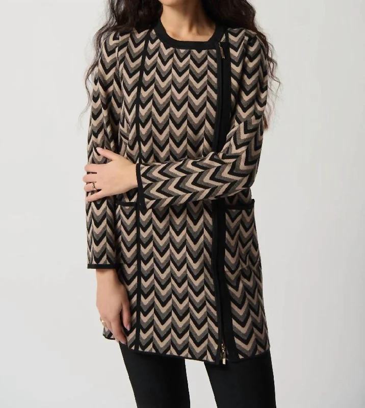 Printed Jacquard Sweater Coat In Black/latte