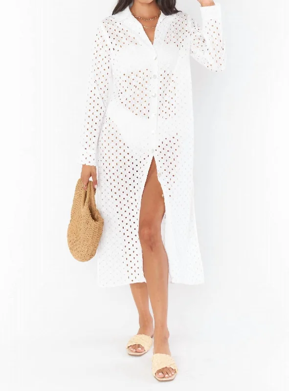 Dayton Button Down Midi Dress In White Eyelet