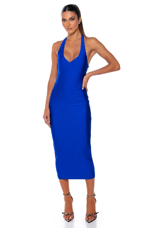 PAXTON DISCO HALTER NECK MIDI DRESS