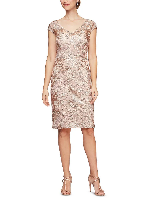 Petites Womens Lace Midi Sheath Dress