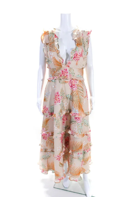 Adeam Womens Floral Hibiscus Print Ruffled Trim Tiered A-Line Maxi Dress