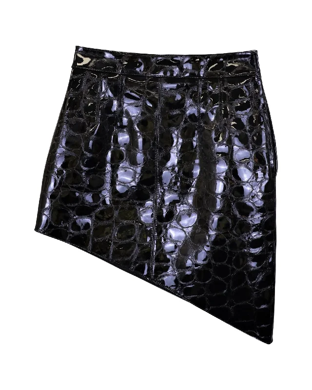 Alexander Wang Asymmetric Mini Skirt in Black Croc-Effect Calfskin Leather