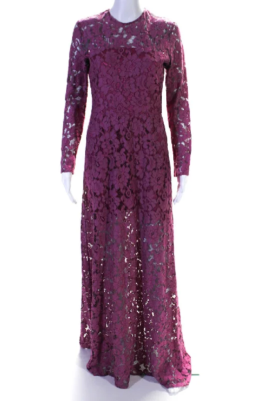 Alexis Womens Pink Cotton Floral Lace Crew Neck Long Sleeve Maxi Dress