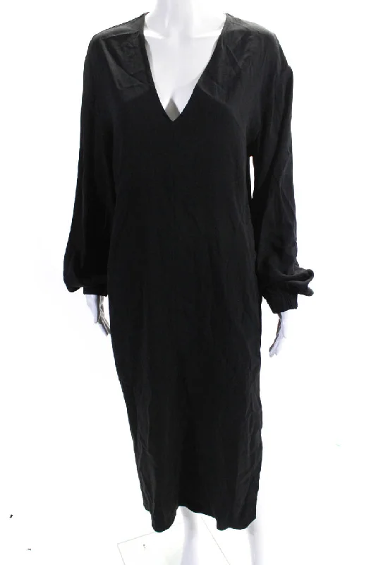 Another Tomorrow Womens Long Sleeve V Neck Slit Maxi Dress Black