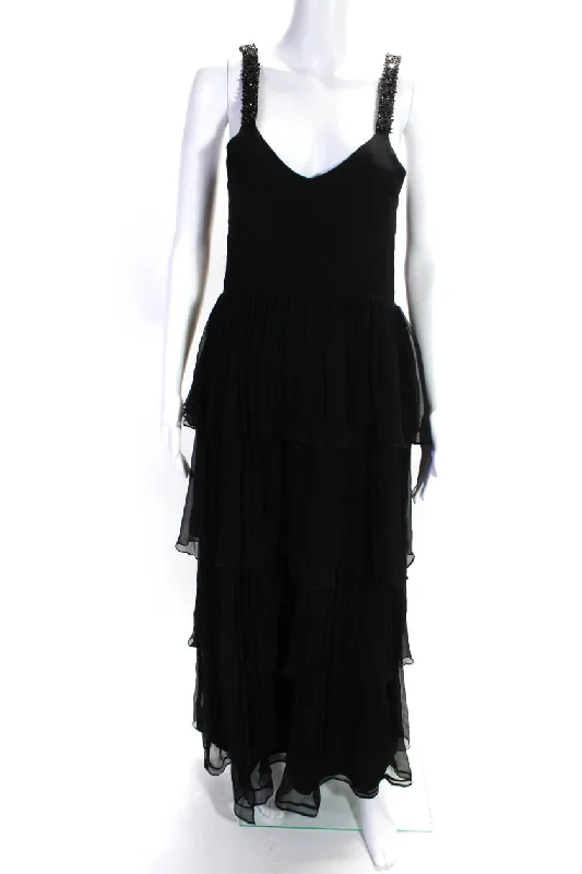 Azeeza  Womens Beaded Pleated V-Neck Sleeveless Zip Up Maxi Dress Black