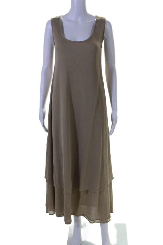 Badgley Mischka Womens Layered Round Neck Sleeveless Maxi Dress Beige