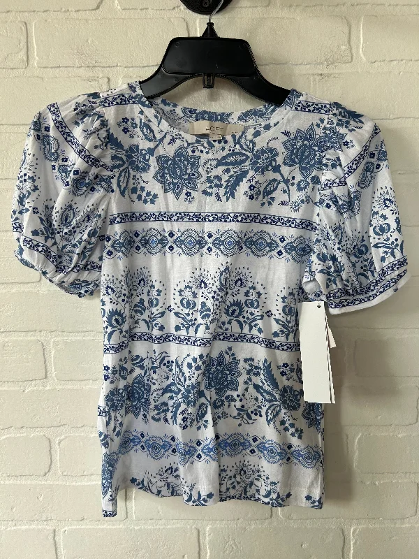 Blue & White Top Short Sleeve Loft, Size Xxs