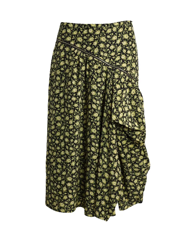 Burberry Zip-detailed Draped Floral Midi Skirt in Yellow and Green Silk