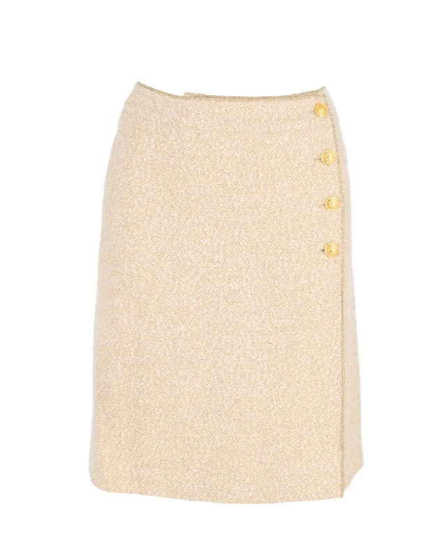 Chanel Gold Button Wrap Skirt in Cream Wool