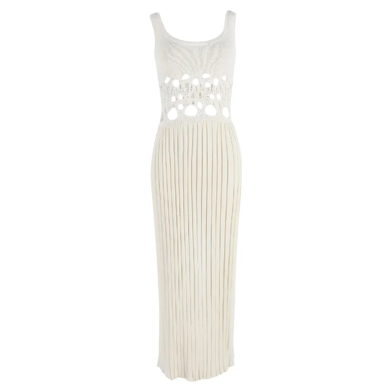 Christopher Esber Pleated Maxi Crochet-Knit Torso Dress in Cream Nylon