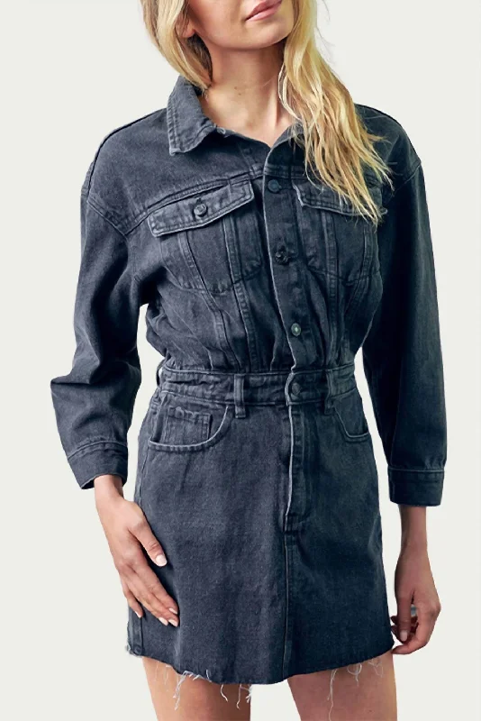 Denim Raw-Edge Mini Dress in Washed Black