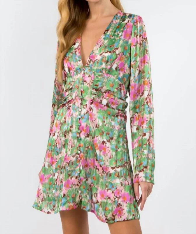 Floral Button Down Long Sleeve Mini Dress in Pink/Green Floral