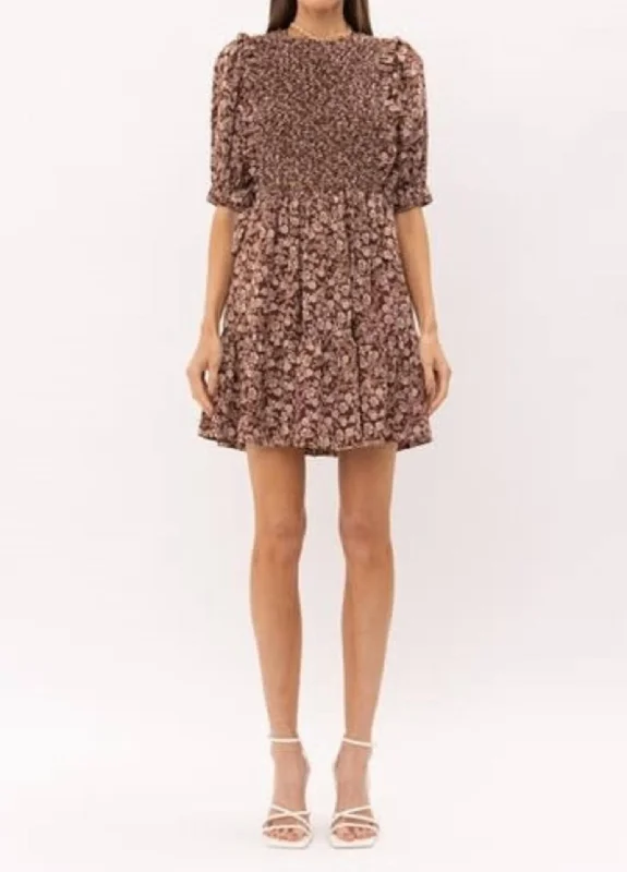 Floral Smocked Mini Dress With Side Tie Details in Brown