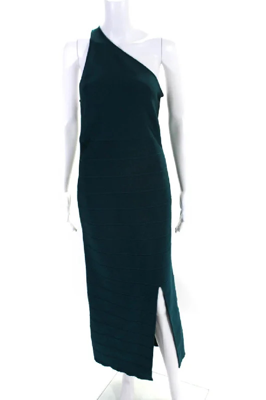 Herve Leger Womens Stretch Side Split One Shoulder Maxi Dress Turquoise