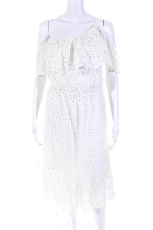 Joie Womens Cotton Lace One Shoulder Ruffled Textured Maxi Dress White