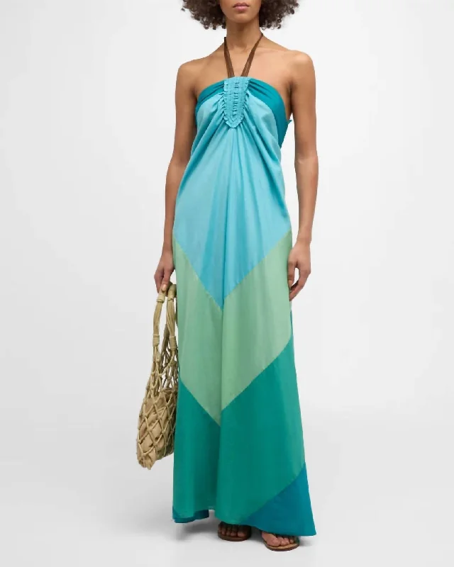 Mayla Backless Colorblock Halter Maxi Dress In Aqua Wave