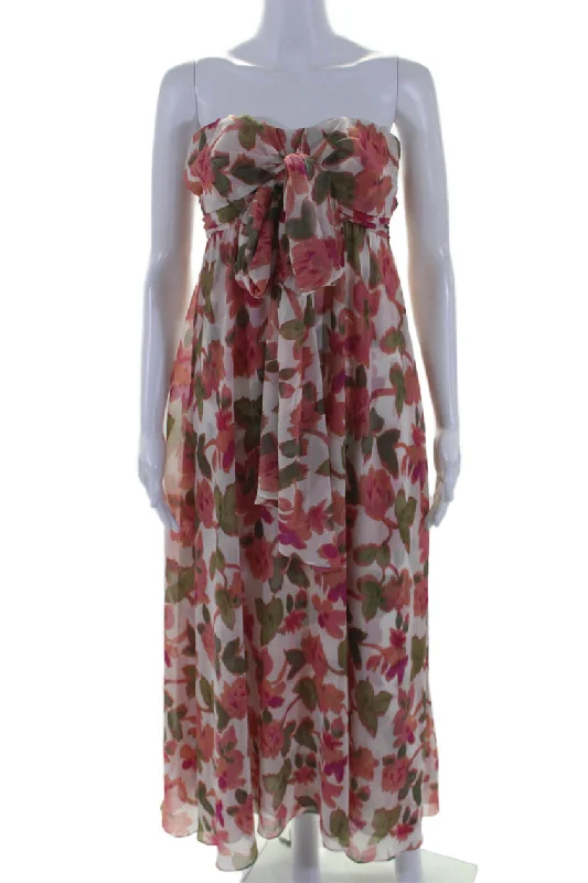 Misa Womens Floral Print Ruched Sleeveless Strapless Maxi Dress Pink