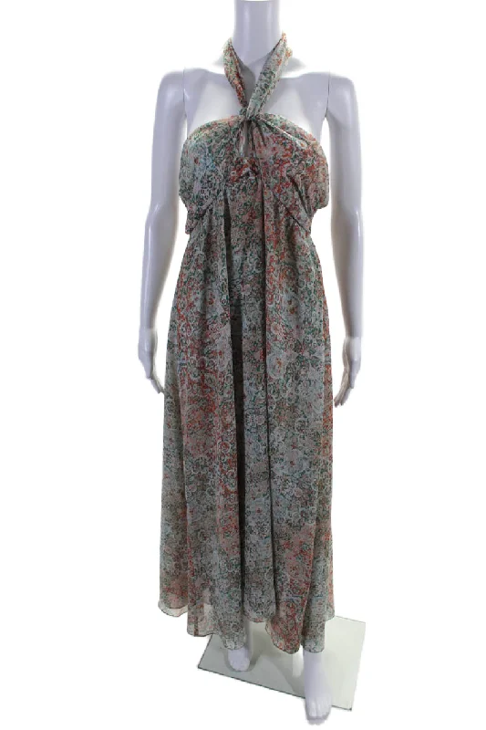 Misa Womens Floral Print Ruched Tied Sleeveless Maxi Slip-On Dress Green