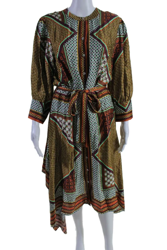 Misa Womens Geometric Buttoned Long Sleeve Belted Tied Maxi Dress Brown