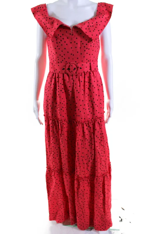 Rebecca Wallance Women's Sleeveless Belted Tiered Polka Dot Maxi Dress