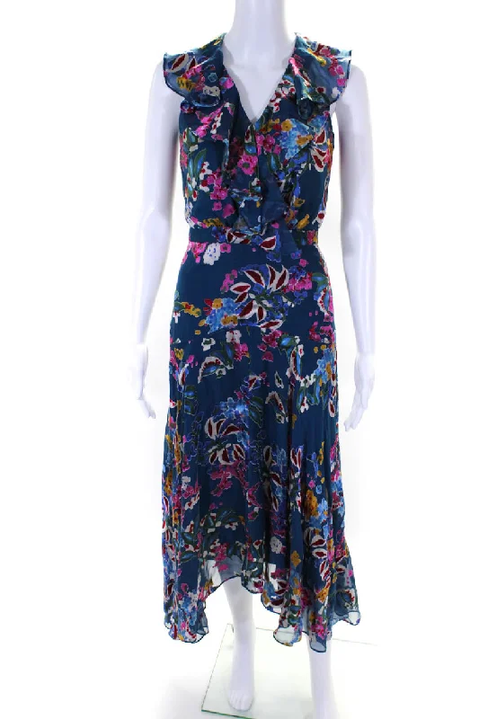 Saloni Womens Silk Blend Floral Print Sleeveless V Neck Maxi Dress Blue