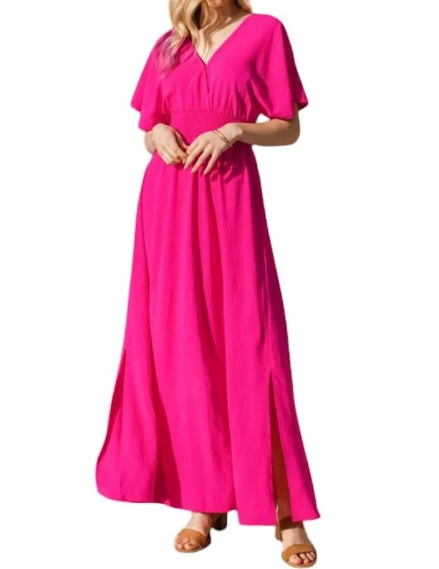 Solid Woven Wrap Maxi Dress In Hot Pink