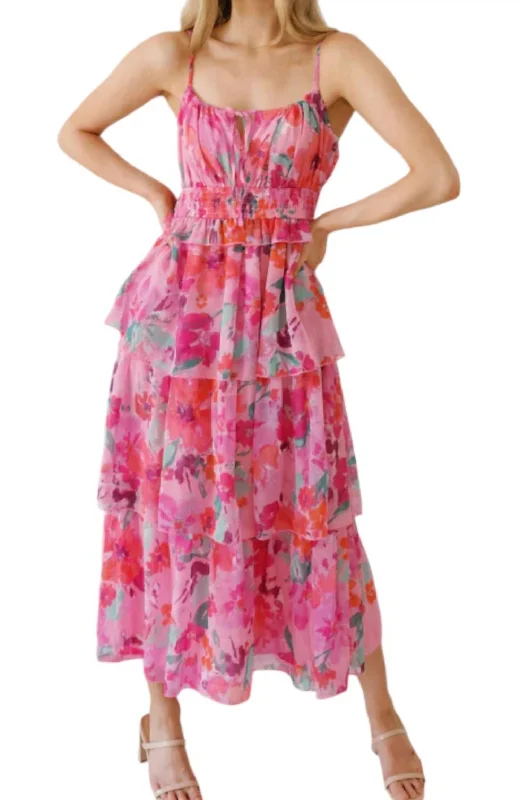 Strawberry Field Tiered Maxi Dress In Pink Multi