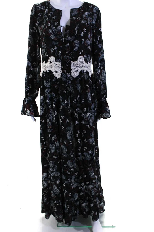 Thakoon Womens Crepe Paisley Printed Long Sleeve A-Line Maxi Dress Black