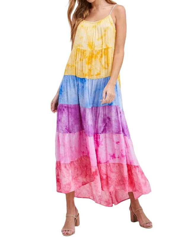 Tiered Maxi Dress With Tassel Straps In Rainbow