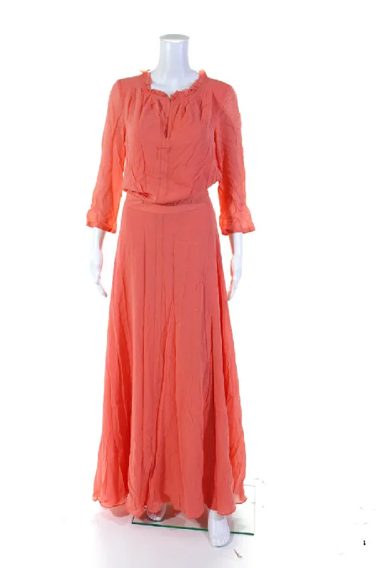 Tory Burch Womens Silk Buttoned Front Slit Long Sleeve Maxi Dress Pink