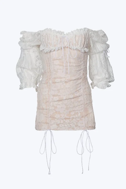 Vintage Ruched Lace Tulle Mini Dress in White