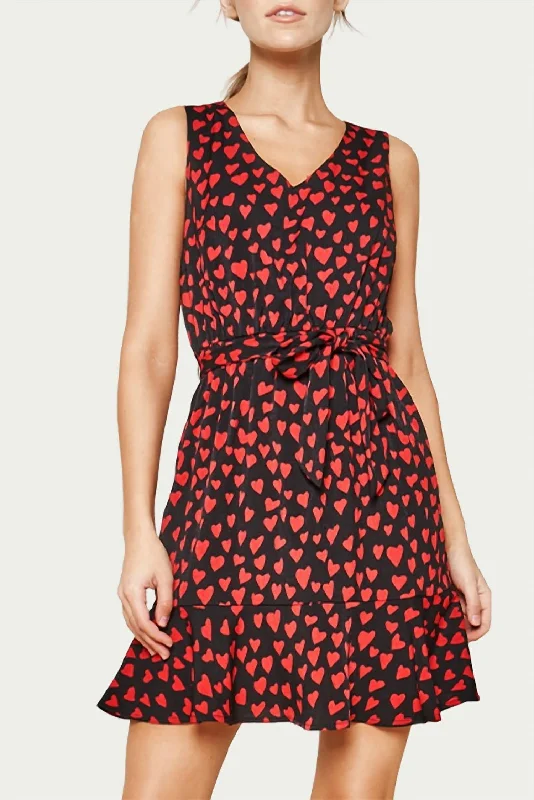 Warren Ruffled Heart-Print Satin Mini Dress In Black/Red