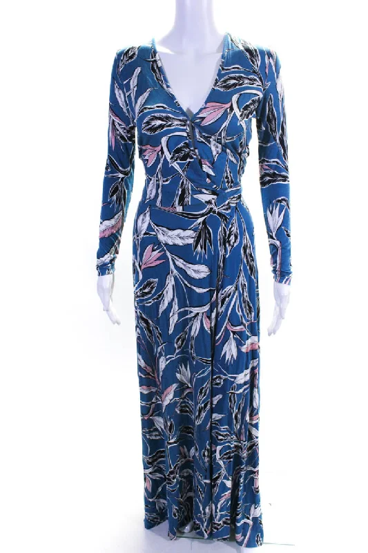 Yumi Kim Womens Graphic Print Long Sleeve Wrapped Tied Maxi Dress Blue