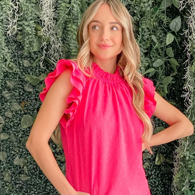 Polka Dot Textured Double Layered Ruffles Blouse (Fuchsia)