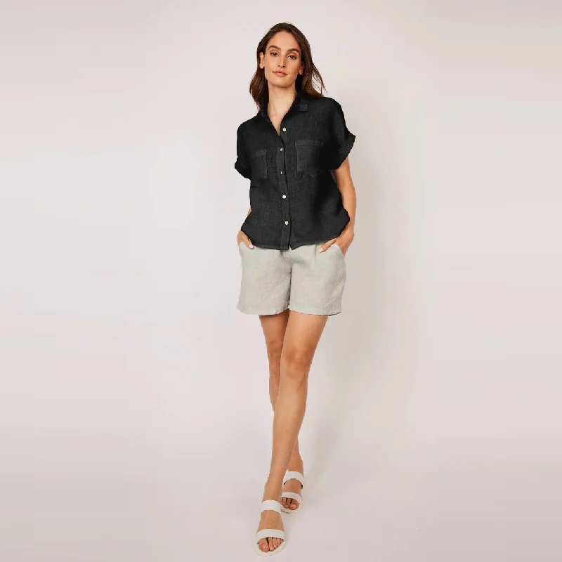 Short Sleeve Double Pocket Linen Blouse (Black)